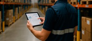 Profissional se logística segurando um tablet analisando os dados em real do estoque em um armazem